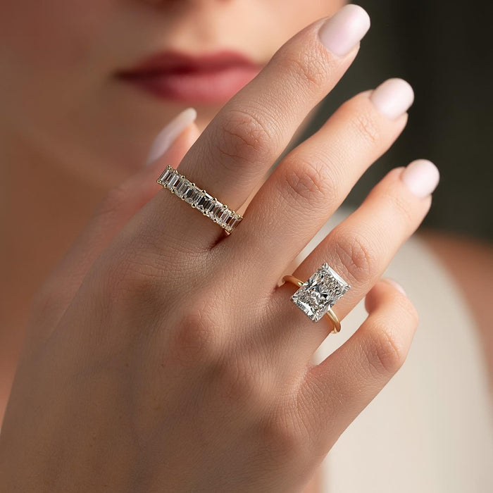 Radiant cut diamond appearing to float on the fine shank