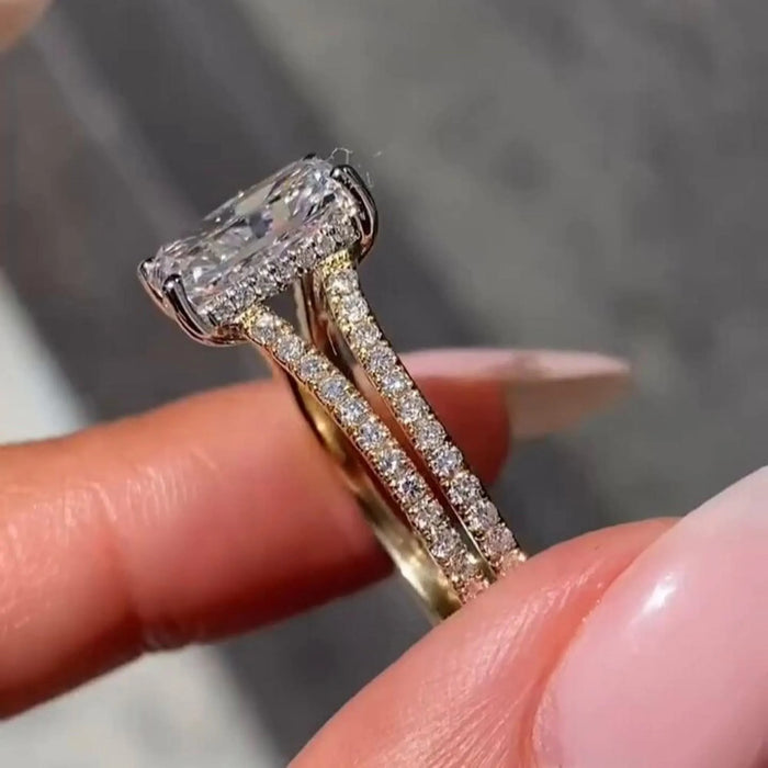Radiant Cut Moissanite Hidden Halo Split Shank Ring in 14K Gold — Mapple Gems