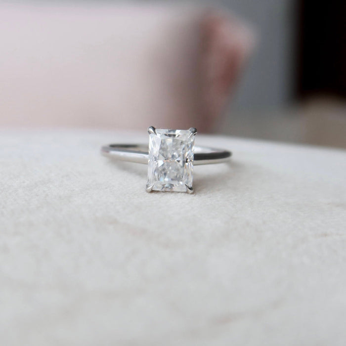 Radiant cut lab grown diamond engagement ring, angled view