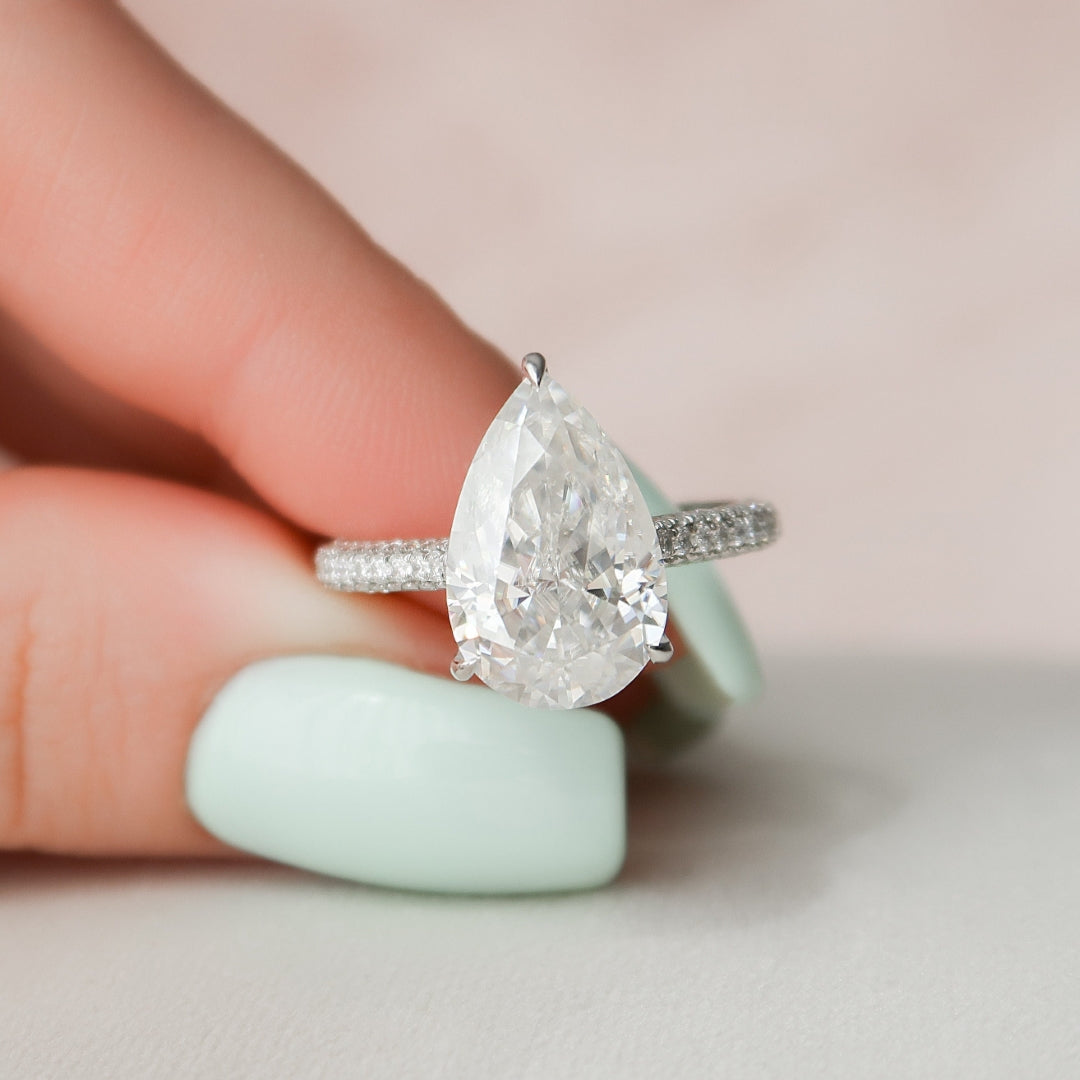 Art Deco pear cut lab grown diamond anniversary ring, front view