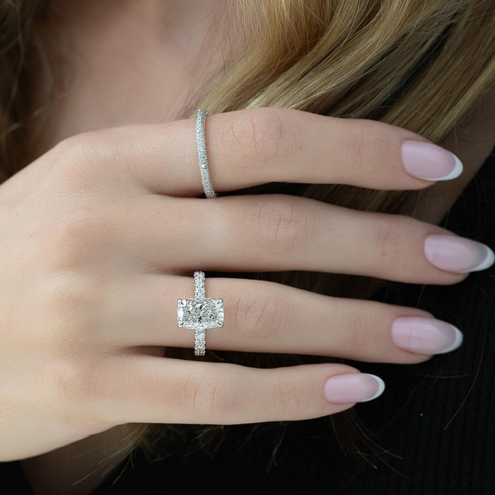 Emerald cut lab grown diamond ring in white gold on a split double rail shank with marquise accents