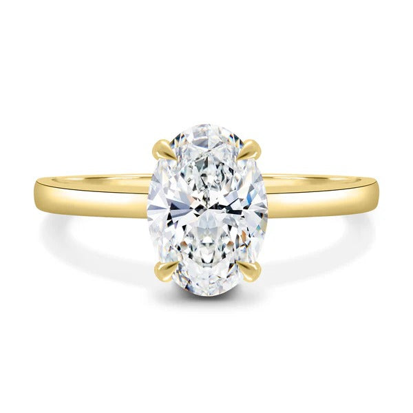 Oval cut lab grown diamond cathedral solitaire on a plain band