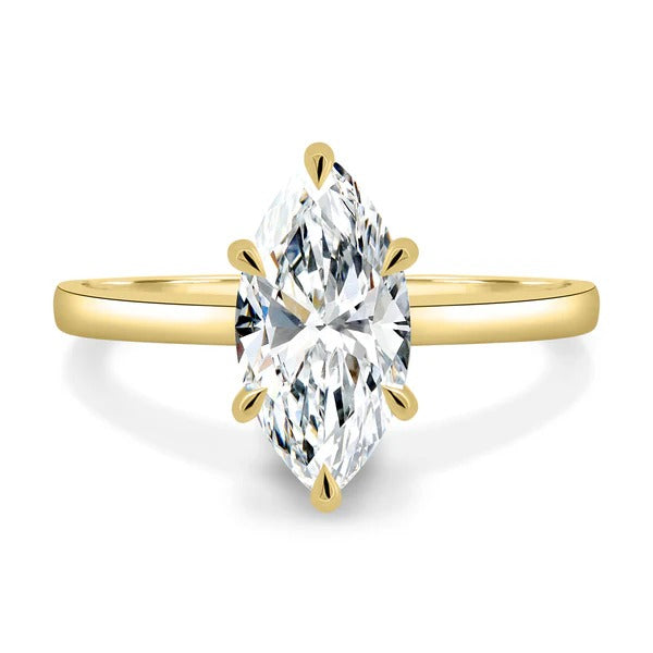 Marquise cut lab grown diamond six claw solitaire with V tips on a plain band