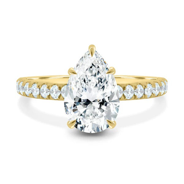 Pear cut lab grown diamond hidden halo ring with three quarter pave band