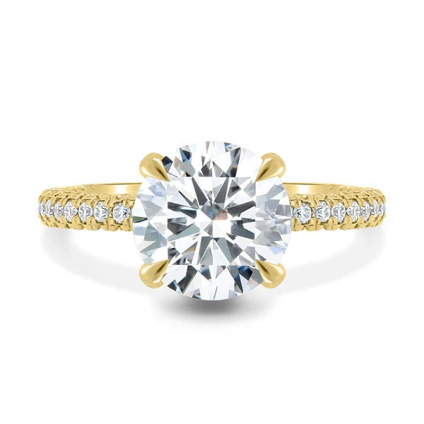 Round cut lab grown diamond cathedral solitaire ring with triple row pave band