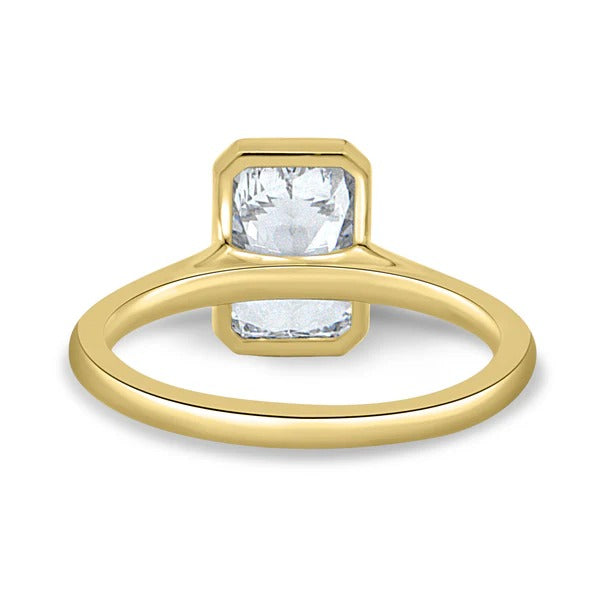 Radiant cut lab grown diamond bezel cathedral engagement ring detail