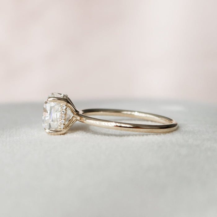 Cushion cut lab grown diamond Art Deco engagement ring, angled view