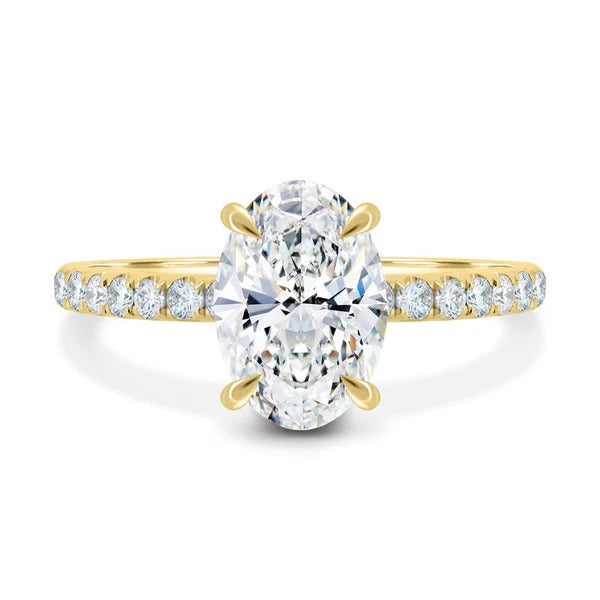 Oval cut lab grown diamond hidden halo ring with single row pave