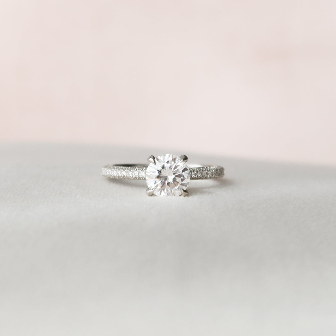 Mid century round lab grown diamond engagement ring, front view