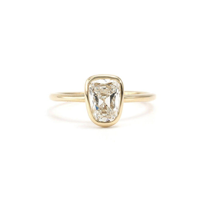 Old mine cut lab grown diamond bezel set solitaire ring in 14K yellow gold