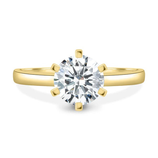 Round cut lab grown diamond six square claw solitaire ring