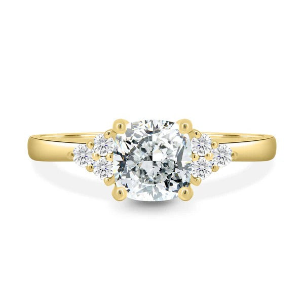 Cushion cut lab grown diamond ring with trefoil cluster accents