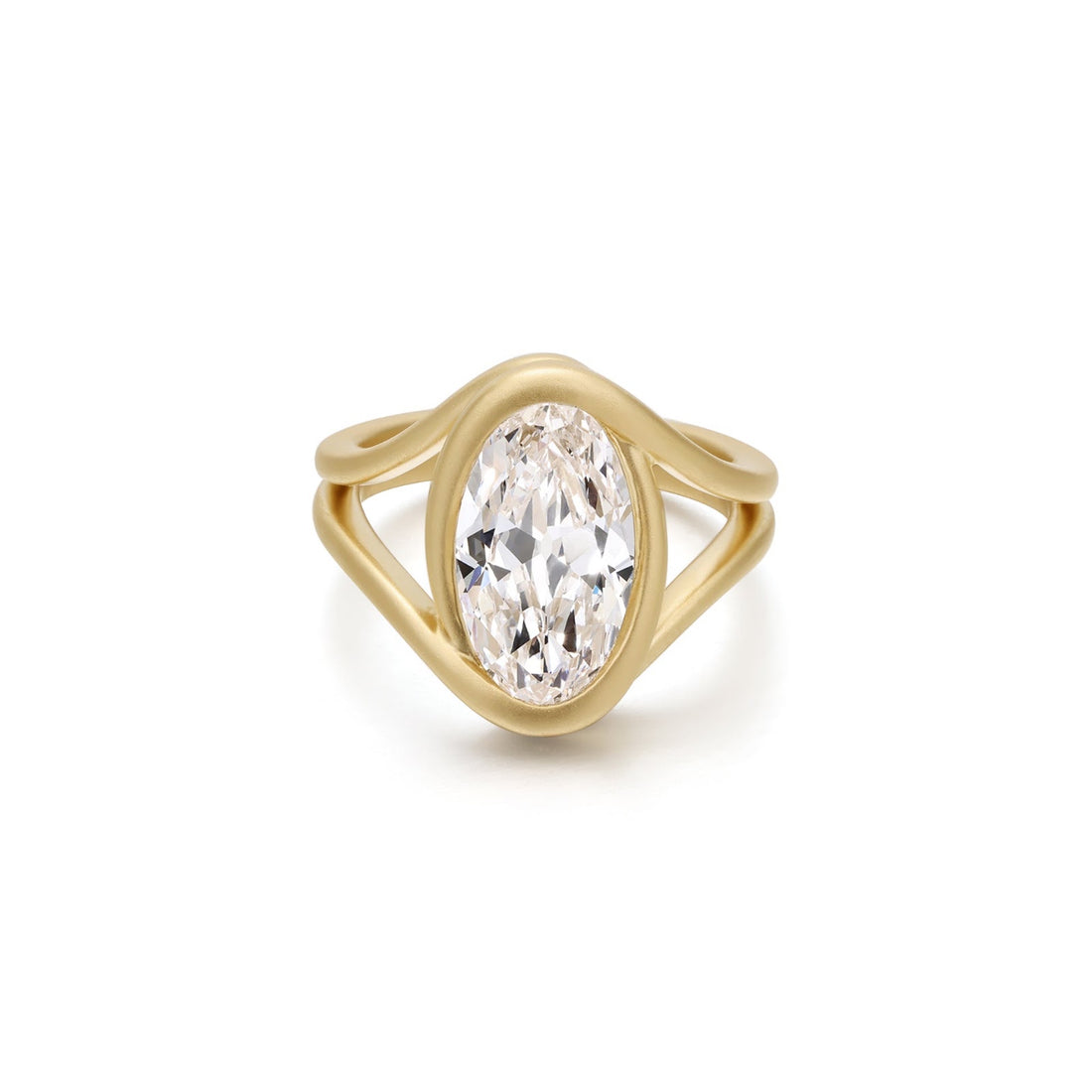 Marquise old mine cut lab grown diamond in a matte sculptural bezel ring in gold