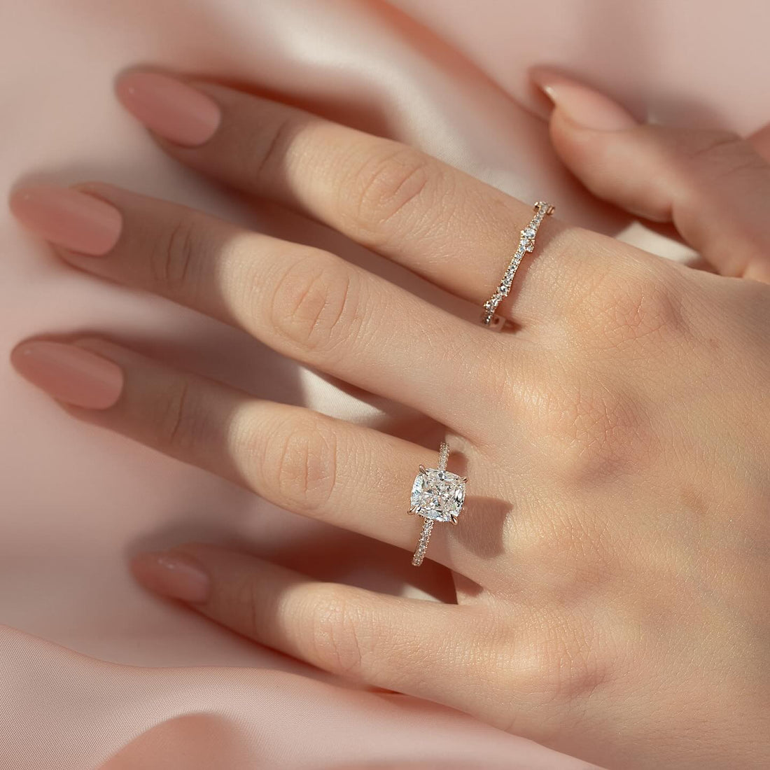 Square cushion cut lab grown diamond ring with pave shoulders in rose gold