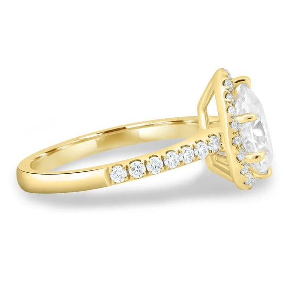 Pear shaped halo diamond ring detail