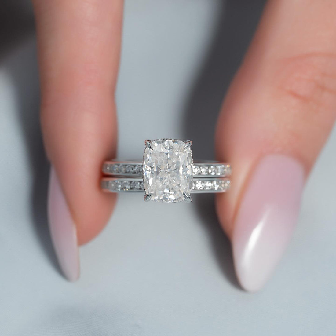 Elongated cushion cut lab grown diamond bridal set with matching pave band in white gold
