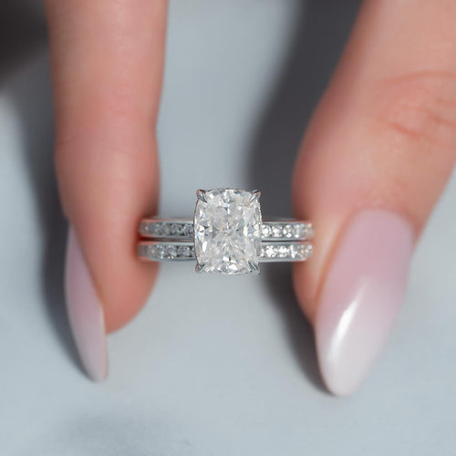 Elongated cushion cut lab grown diamond bridal set with matching pave band in white gold