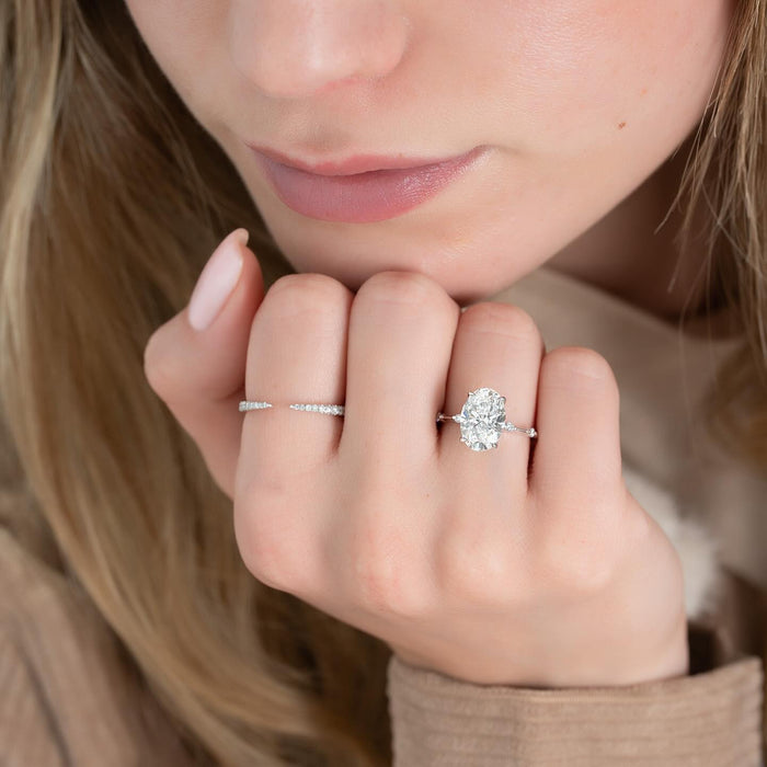 Elongated cushion cut lab grown diamond engagement ring close view