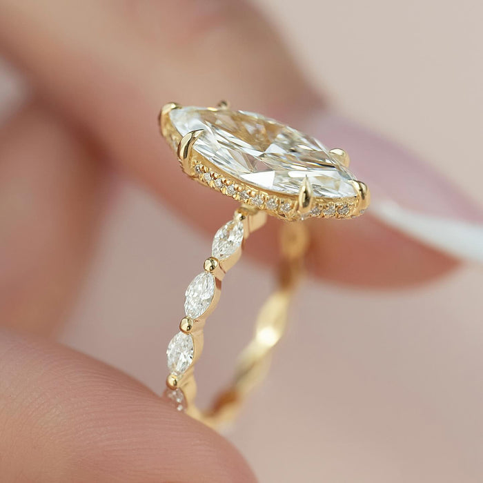 Marquise lab grown diamond ring viewed from above showing the accent shank