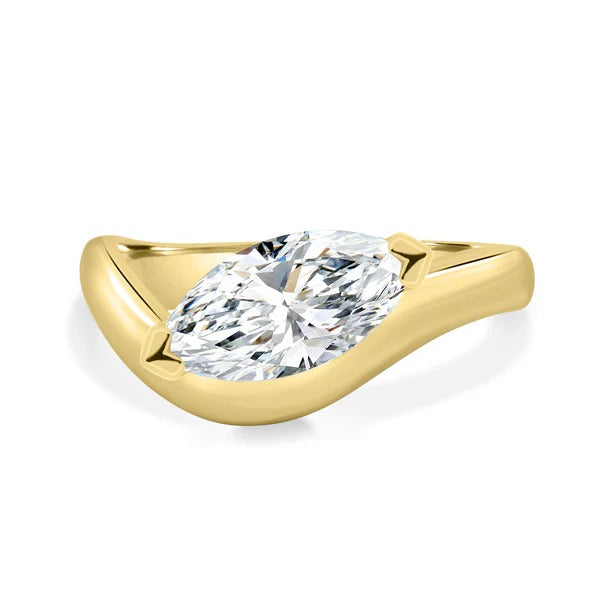 East west marquise cut lab grown diamond ring in a sculpted wave bypass band