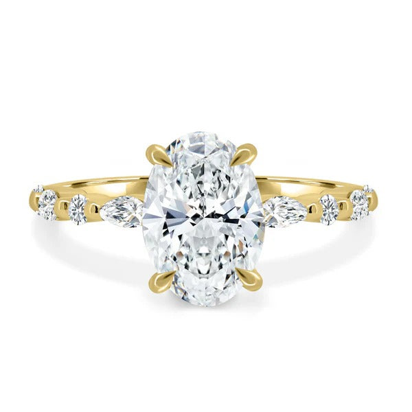 Oval cut lab grown diamond ring with marquise accents and hidden halo