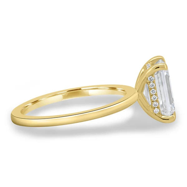 Emerald cut lab grown diamond solitaire ring with hidden halo