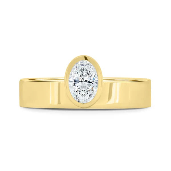 Oval cut lab grown diamond bezel set ring on wide cigar band