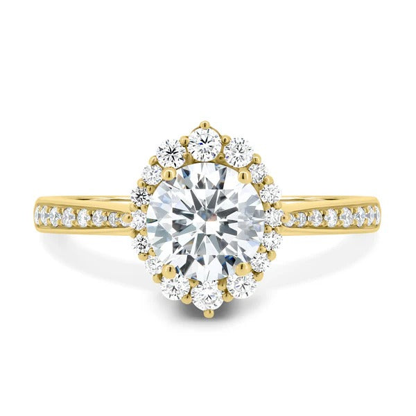 Round cut lab grown diamond vintage cluster halo ring with pave shoulders