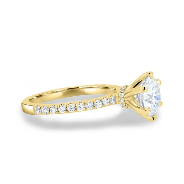 Hidden halo detail visible in side profile of round diamond ring