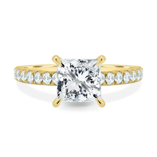 Princess cut lab grown diamond solitaire ring with French pave scalloped band
