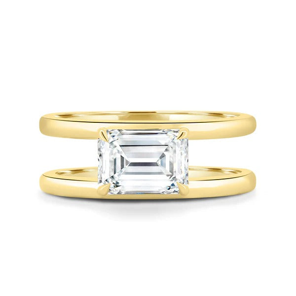 Emerald cut lab grown diamond east west ring on split double band