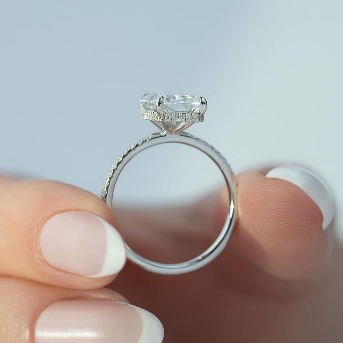 Profile of the radiant cut ring showing the hidden halo running around the basket