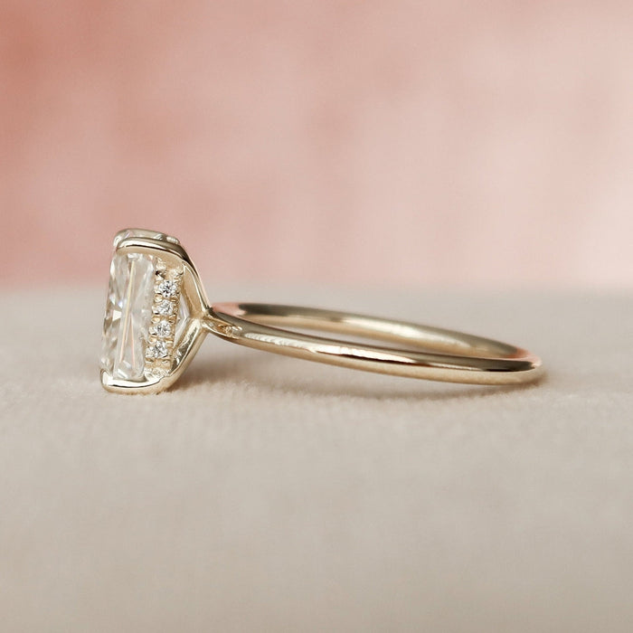 Radiant cut lab grown diamond Art Deco anniversary ring, angled view