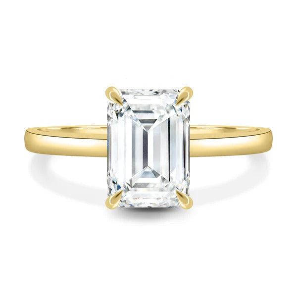 Emerald cut lab grown diamond hidden halo solitaire ring on plain band