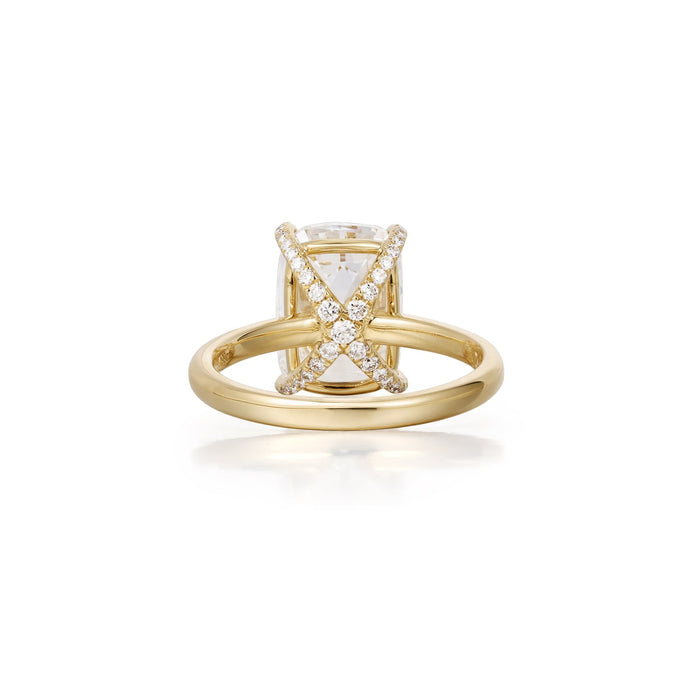 Rear view of the pave set diamond cross basket under an old mine cut lab grown diamond