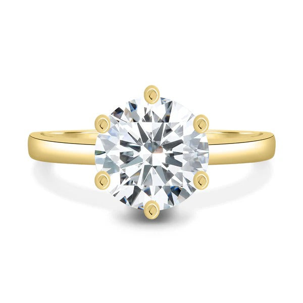 Round cut lab grown diamond six button claw solitaire ring