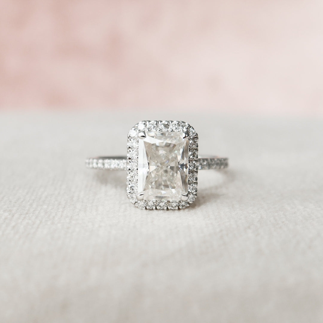 Victorian radiant cut lab grown diamond engagement ring, front view