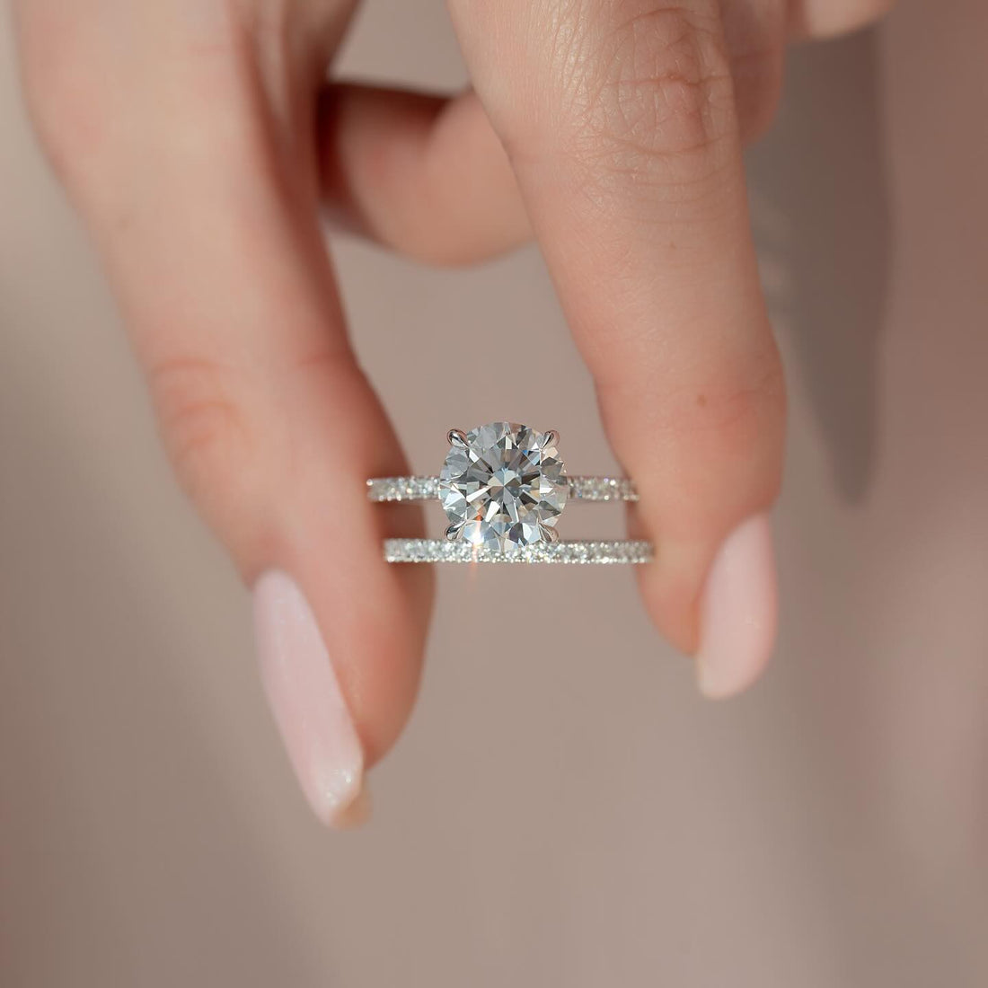 Round brilliant lab grown diamond bridal set with matching pave eternity band in white gold