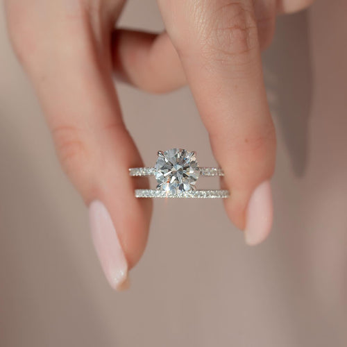 Round brilliant lab grown diamond bridal set with matching pave eternity band in white gold