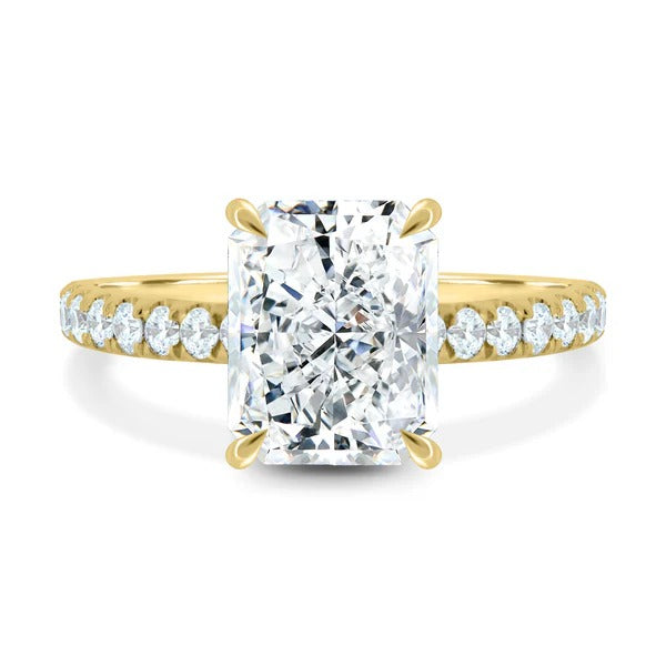 Radiant cut lab grown diamond hidden halo pave ring detail