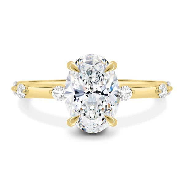 Oval cut lab grown diamond hidden halo ring with station set accents