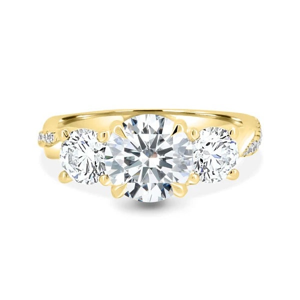 Round cut lab grown diamond trilogy ring on twisted pave band