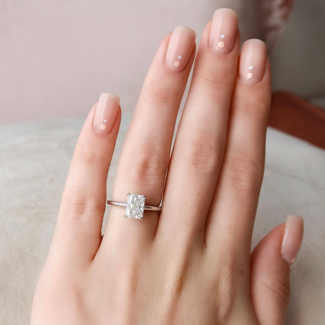 Art Deco radiant cut lab grown diamond engagement ring, front view