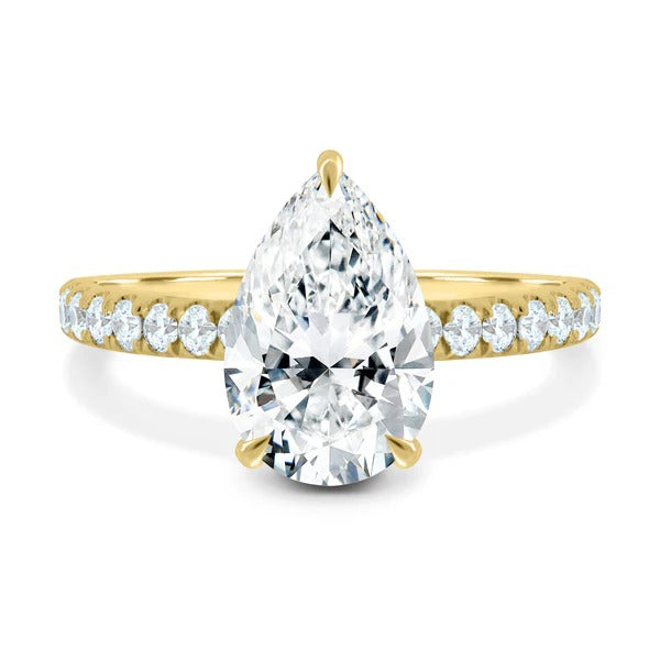 Pear cut lab grown diamond three claw hidden halo pave ring