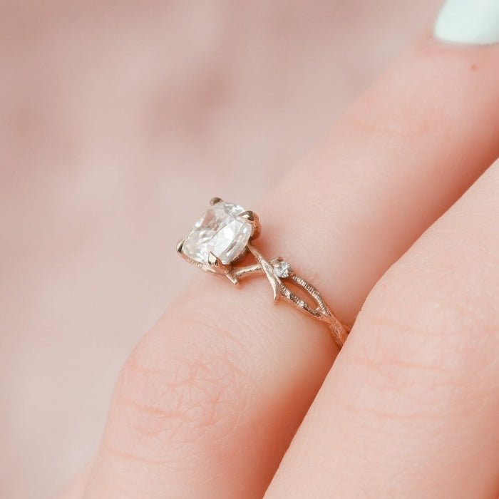 Cushion cut lab grown diamond antique style anniversary ring, angled view