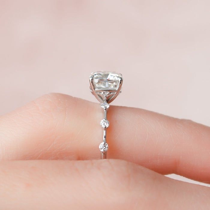 Cushion cut lab grown diamond classic anniversary ring, angled view