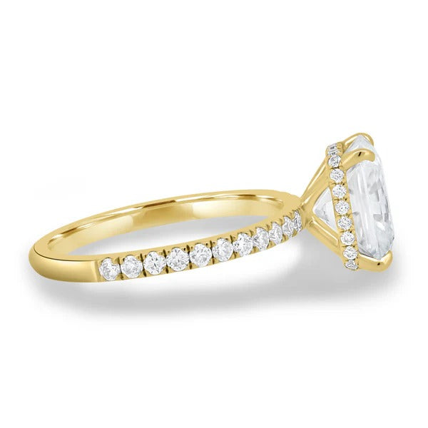 Radiant cut lab grown diamond hidden halo solitaire ring with pave band