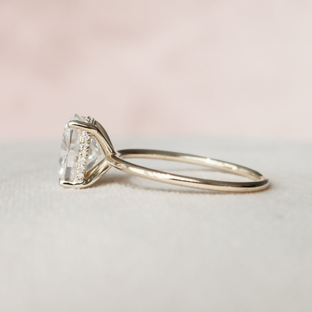 Minimalist cushion cut lab grown diamond engagement ring, front view