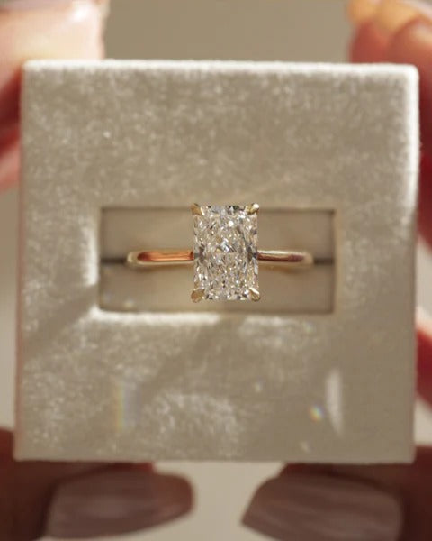 Radiant cut lab grown diamond four claw ring with hidden halo