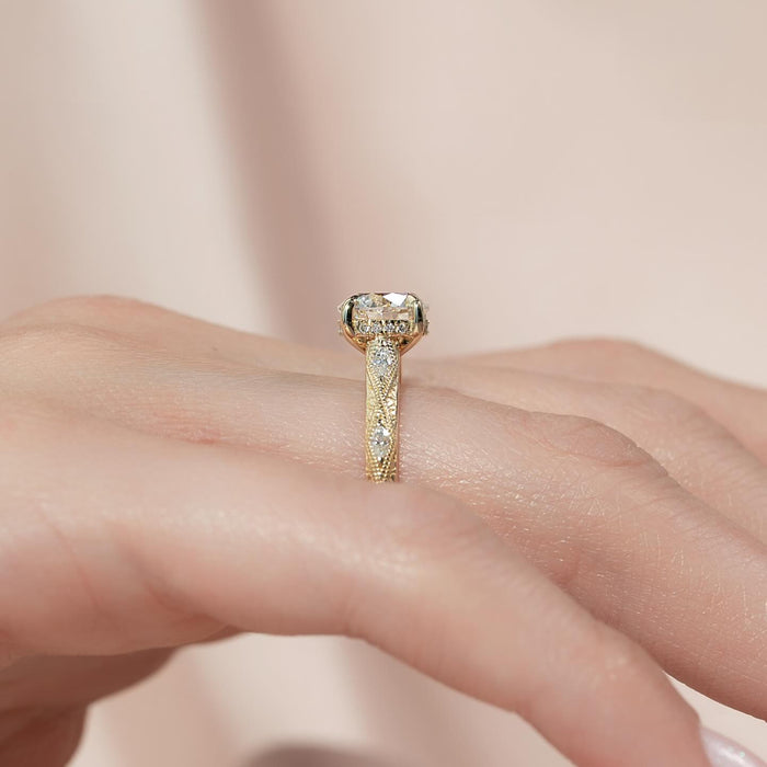 Profile of the textured shank and hidden halo under the round diamond